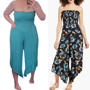 ANGIE Teal Strapless Smocked Ruffled Wide Leg Cropped Jumpsuit Medium